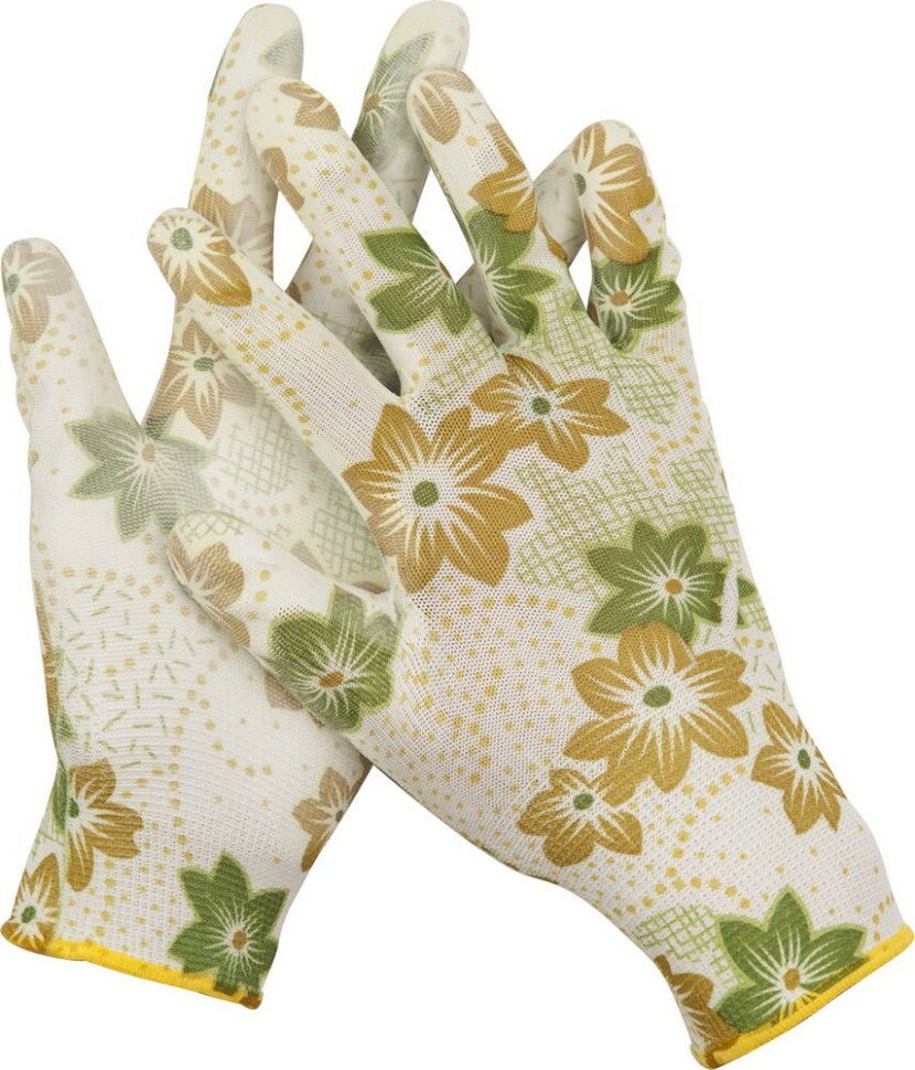 GRINDA Перчатки GRINDA садовые, прозрачное PU покрытие, 13 класс вязки, бело-зеленые, размер S , ( 11293-S )