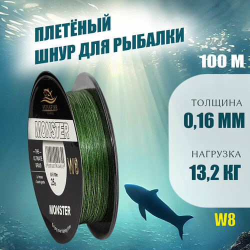 фото Шнур monster w8 для рыбалки 0,16 мм, 100 метров asianfish