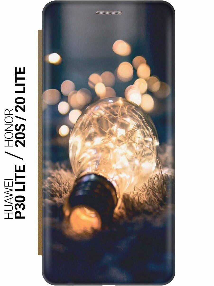 Чехол-книжка на Honor 20 Lite / 20s / Huawei P30 Lite / Хуавей П30 Лайт / Хонор 20 Лайт / 20s c принтом "Гирлянда в лампочке" золотистый