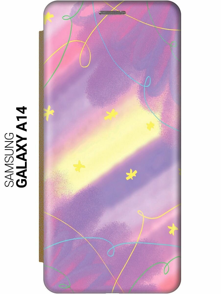 Чехол-книжка на Samsung Galaxy A14, Самсунг А14 c принтом "Сиреневые сны" золотистый