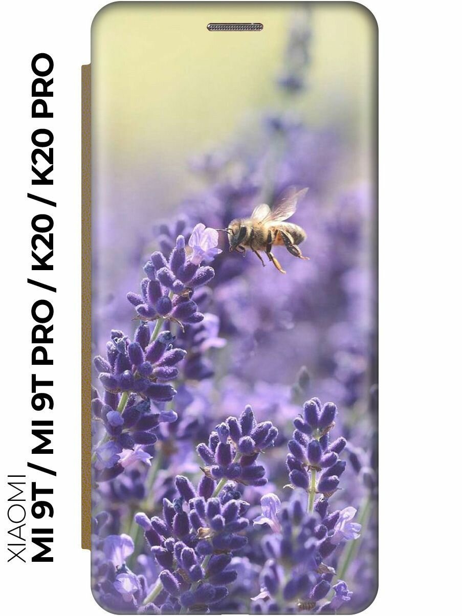 Чехол-книжка Пчела и цветок на Xiaomi Mi 9T / Mi 9T Pro / K20 / K20 Pro / Сяоми Ми 9Т / Ми 9Т Про золотой