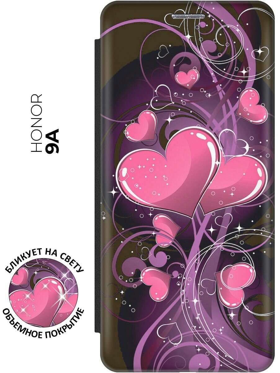 Чехол-книжка Волшебные сердечки на Honor 9A / Хонор 9А с эффектом блика черный