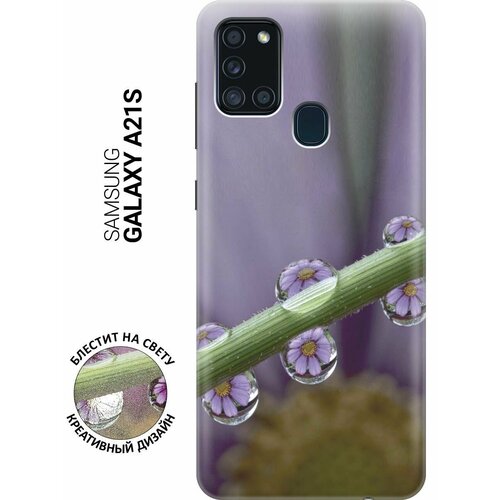 Силиконовый чехол на Samsung Galaxy A21s, Самсунг А21с с эффектом блеска Сиреневые цветы в каплях силиконовый чехол на samsung galaxy a72 самсунг а72 с эффектом блеска сиреневые цветы в каплях