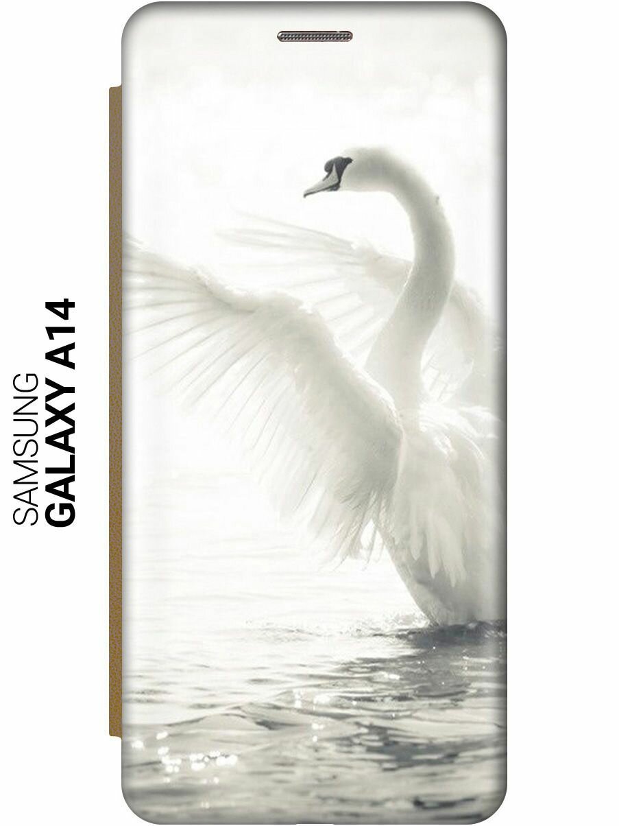 Чехол-книжка на Samsung Galaxy A14, Самсунг А14 c принтом "Лебедь" золотистый