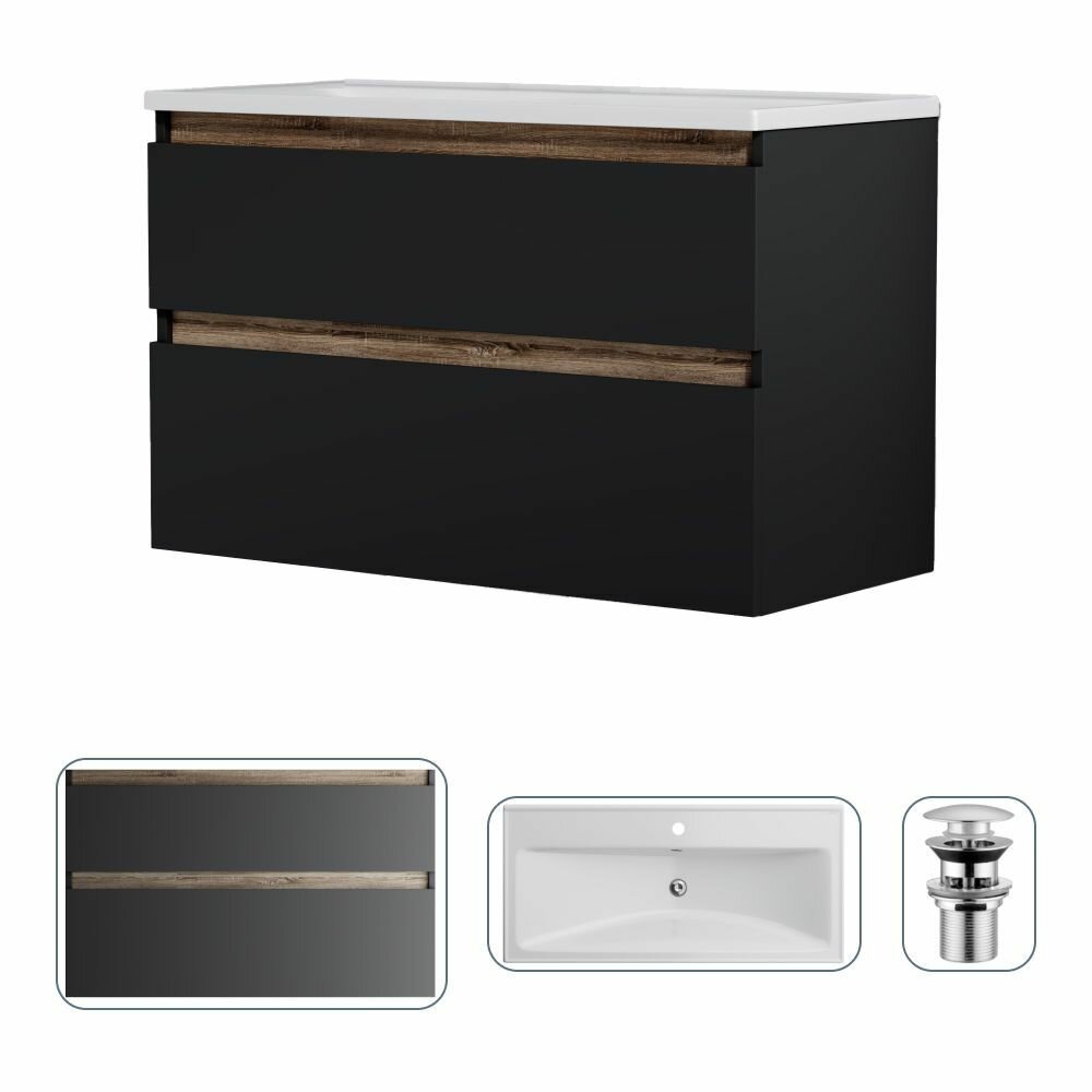 фото Тумба с раковиной в ванную AM.PM черная с белой раковиной, с металлическим донным клапаном, подвесная, 100 см, 2 ящика, органайзер, эмаль,