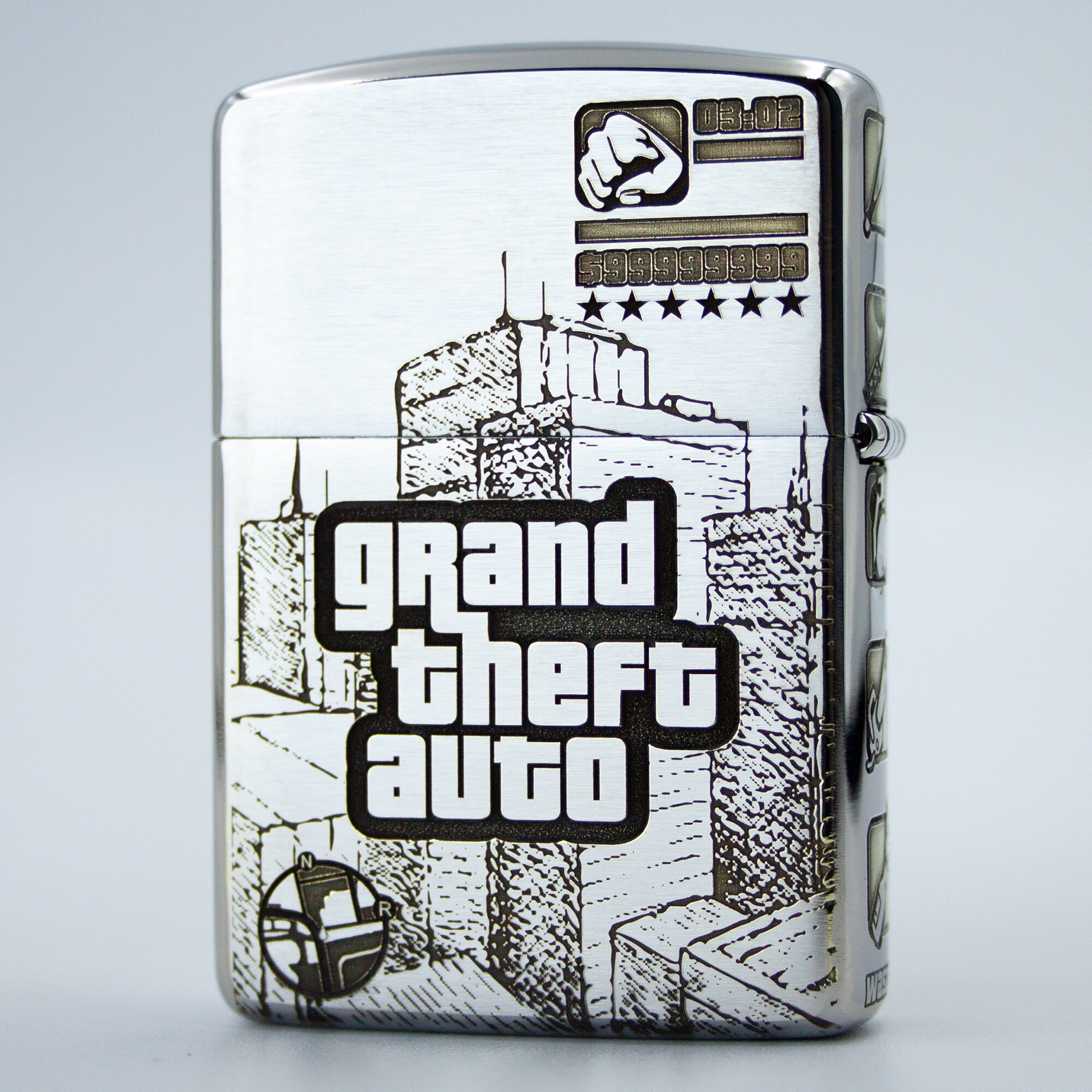 Зажигалка бензиновая Zippo Armor Хром с гравировкой Grand Theft Auto. - фотография № 3