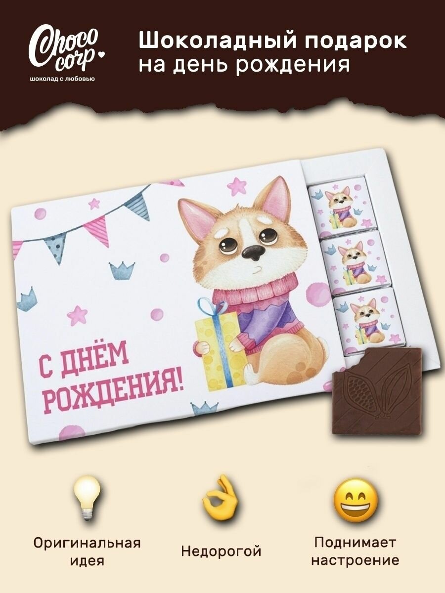 Шоколадный набор Choco Corp на День Рождения девушки 12 плиток / Шоколадный подарок с корги/ Молочный шоколад / Сладкий бокс мини-шоколадок