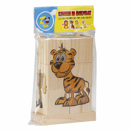 фото Кубики на палочках тутси "составь картинку. лев, тигр, конь, кенгуру" (дерево, 6 элементов, печать)