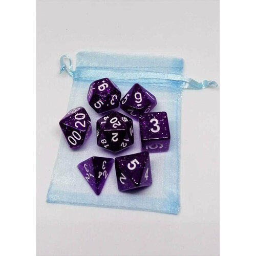 Набор кубиков для игры DnD в мешочке прозрачно - фиолетовый с блестками (DnD54)