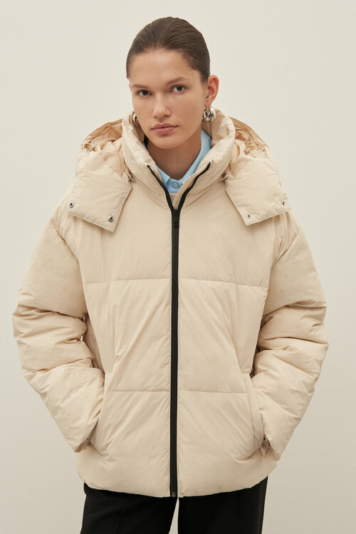 куртка  FiNN FLARE зимняя, средней длины, силуэт свободный, утепленная, манжеты, капюшон, вязаная, карманы, водонепроницаемая, размер M, бежевый