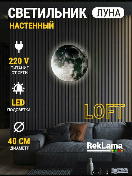 Светильник настенный светодиодный бра луна 40*40 см, питание от сети, 1 шт.