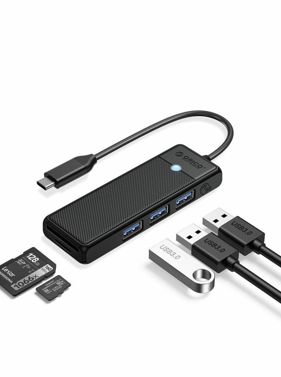 Концентратор ORICO USB-C с 3x USB-A, слотом для SD и Micro SD, черный (ORICO-PAPW3AT-C3-015-BK-EP)