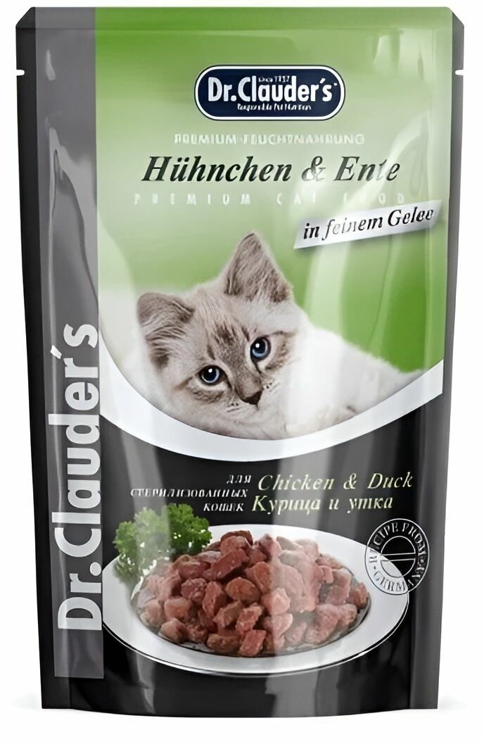 Dr. Clauder's 85 г пауч для стерилизованных кошек с курицей и уткой кусочки в желе 36 шт