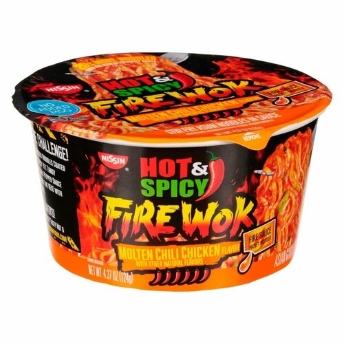 Лапша быстрого приготовления Nissin Hot & Spicy Fire Wok Molten Chili Chicken со вкусом курицы с соусом чили (США), 124 г