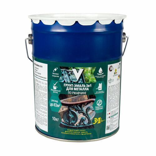 Грунт-эмаль по ржавчине 3 в 1 V, матовая, 10 кг, белая