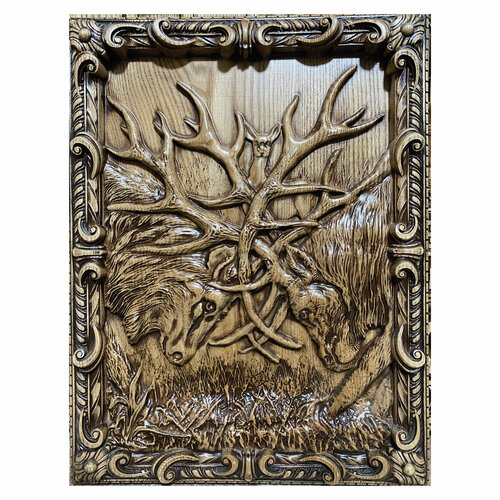 Оленья Схватка 30Х38 см Резное панно из дерева