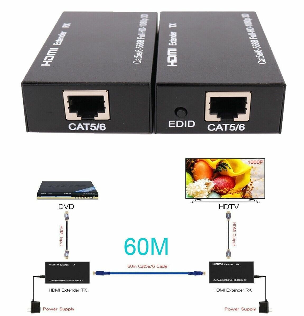Активный HDMI удлинитель на 60 метров по витой паре Cat 5e/6, обжатие 568B, FullHD, 1080p, 3D