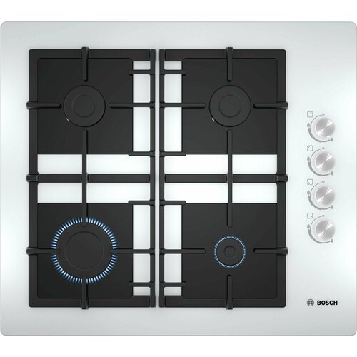 Встраиваемая варочная панель Bosch Serie 2 газовая 60см закаленное стекло белый 4 конфорки 1 конфорка повышенной мощности индивидуальные 3321800₽