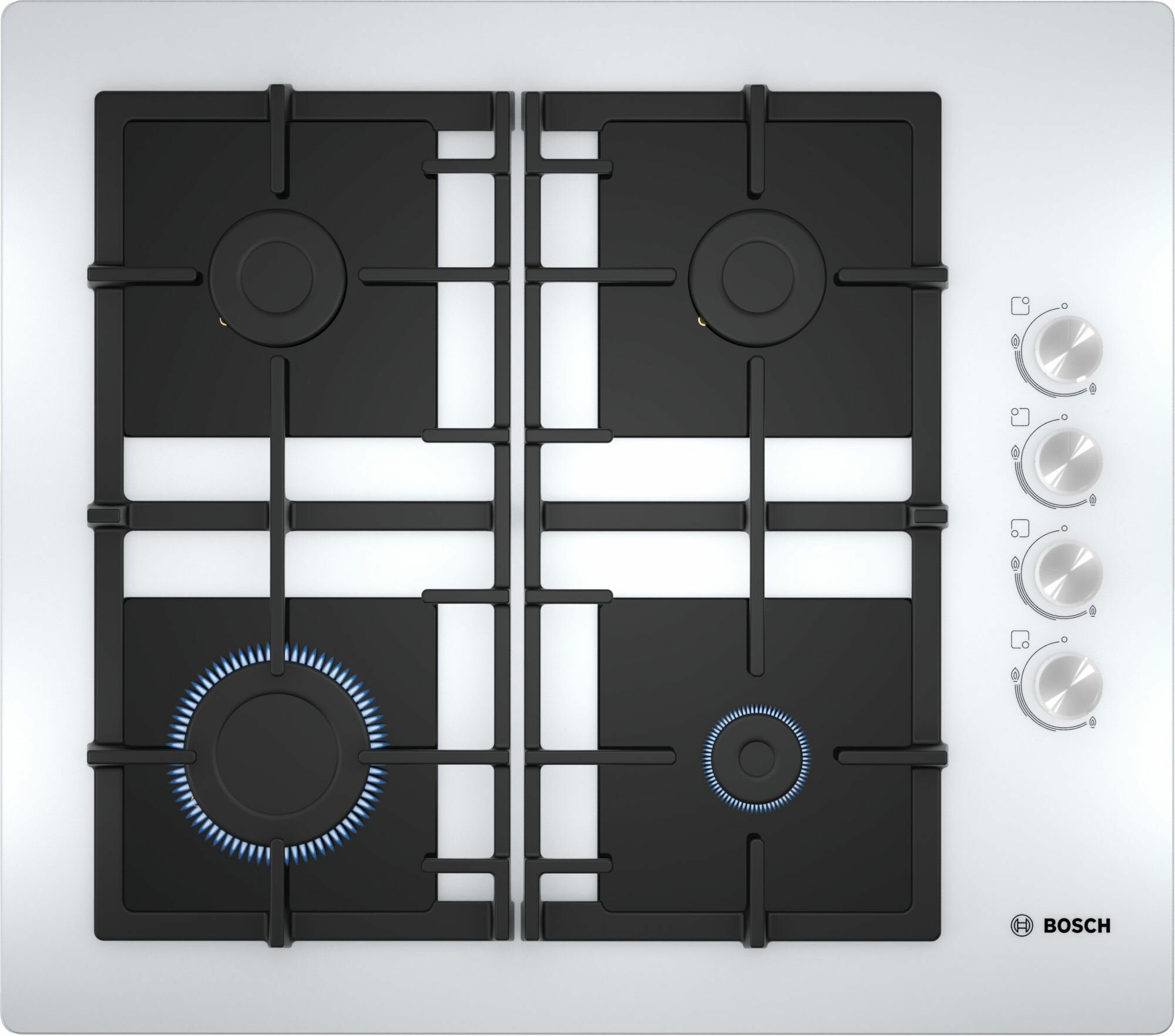 фото Встраиваемая варочная панель Bosch Serie 2, газовая 60см, закаленное стекло, белый, 4 конфорки, 1 конфорка повышенной мощности, индивидуальные