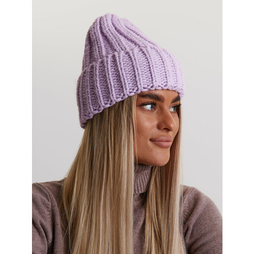 фото Шапка бини женская зимняя шапка бини с широким отворотом, крупная вязка, флисовая подкладка зимняя, шерсть, вязаная, утепленная, размер one size / универсальный, фиолетовый нет бренда