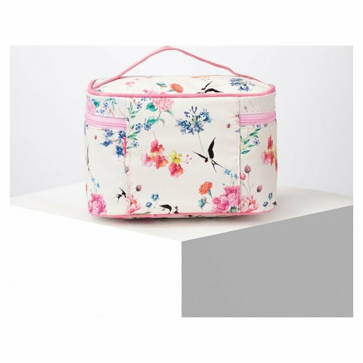 NNB Косметичка-сумочка, отдел на молнии, с зеркалом, цвет белый с розовыми вставками и принтом - фотография № 11