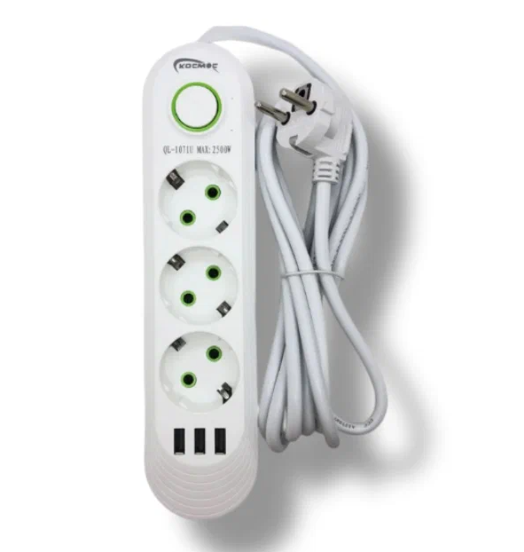Сетевой фильтр удлинитель 3 розетки, 3 USB, 3 метра , выключатель, белый