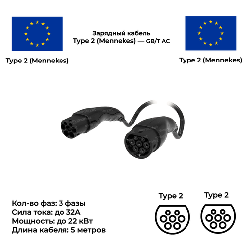 Кабель для зарядки электромобиля Type2-Type2, 3 фазы, 32А, 22 кВт, 5 метров