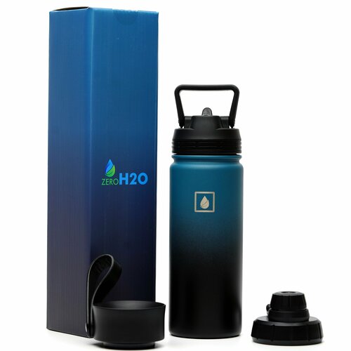 Три в одном: Термос/ Термокрыжка/ Бутылка для воды Zero H2O 500 мл. с тремя крышками 18 oz/ BlueBlack
