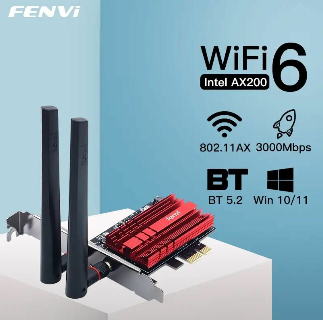 Сетевая карта Fenvi 2AUAI-FV-AX3000 Wi-Fi 6, 2.4ГГц/ 5ГГц/ 6 ГГц, Wi-Fi 802.11AX/AC PCI Express, адаптер Bluetooth 5.2