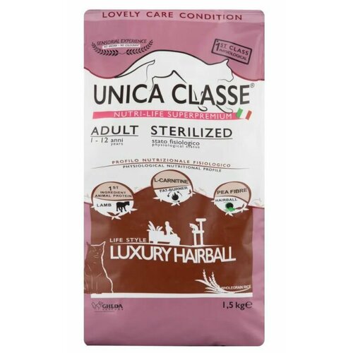 UNICA Adult Sterilized Luxury Hairball сухой корм для стерилизованных кошек с ягненком, 1,5 кг