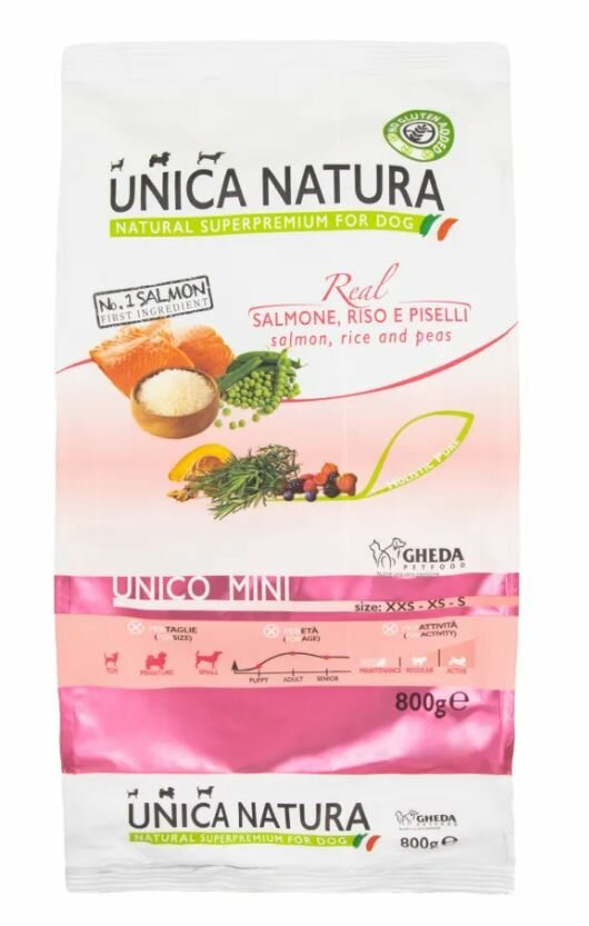 UNICA Mini сухой корм для собак мелких пород с лососем, рисом и горохом, 800 гр