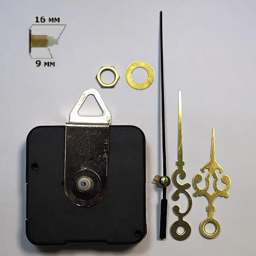 Часовой механизм для настенных часов и календарей M-1629G бесшумный плавный ход, со стрелками, шток 16 мм, цена за 1 шт.