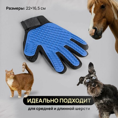 Перчатки для вычесывания шерсти кошек и собак правая и левая (пара), цвет синий