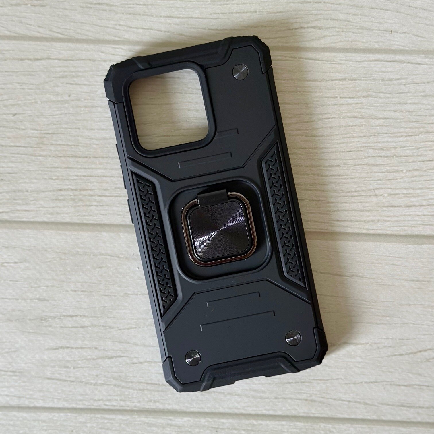 Противоударный чехол для Xiaomi 13 черный с пластиной для магнитного автодержателя и кольцом подставкой — фото 1