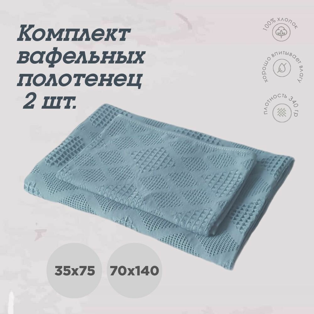 фото Набор вафельных полотенец 2 шт. (70х140, 35x75), синий