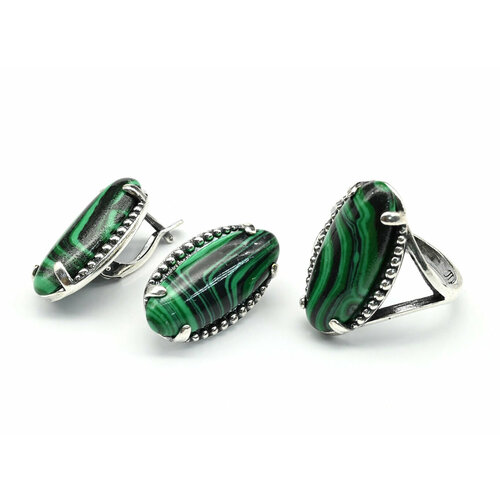 Комплект бижутерии: серьги, кольцо, малахит синтетический, размер кольца 19, зеленый