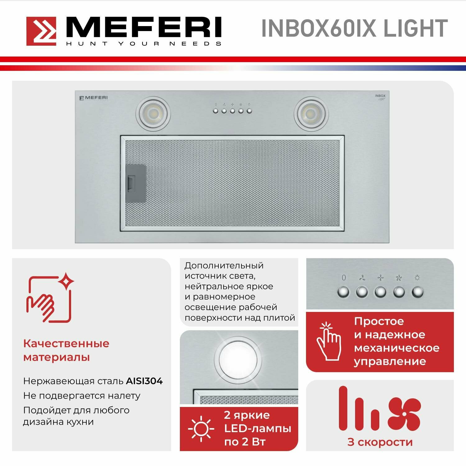 Полновстраиваемая вытяжка MEFERI INBOX60IX LIGHT, серебристый