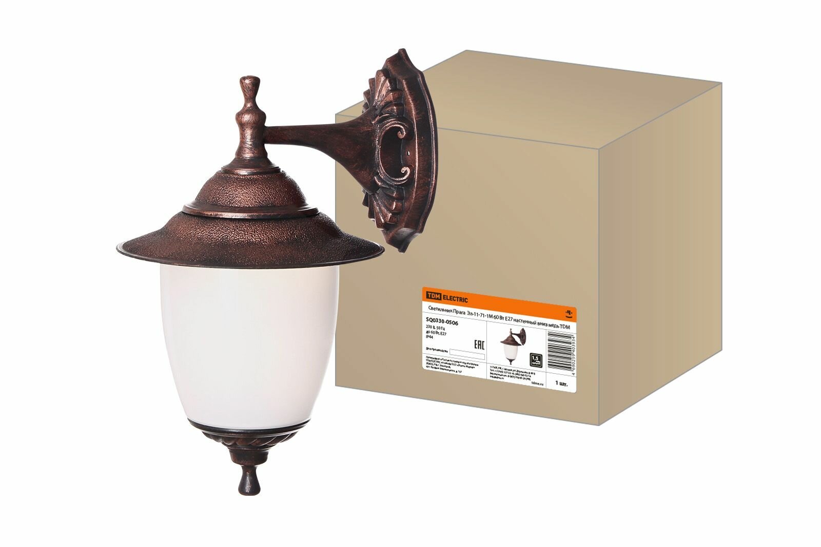 фото Светильник уличный настенный Прага (390х265 мм, E27, 60 Вт, направление вниз, медь, IP44)