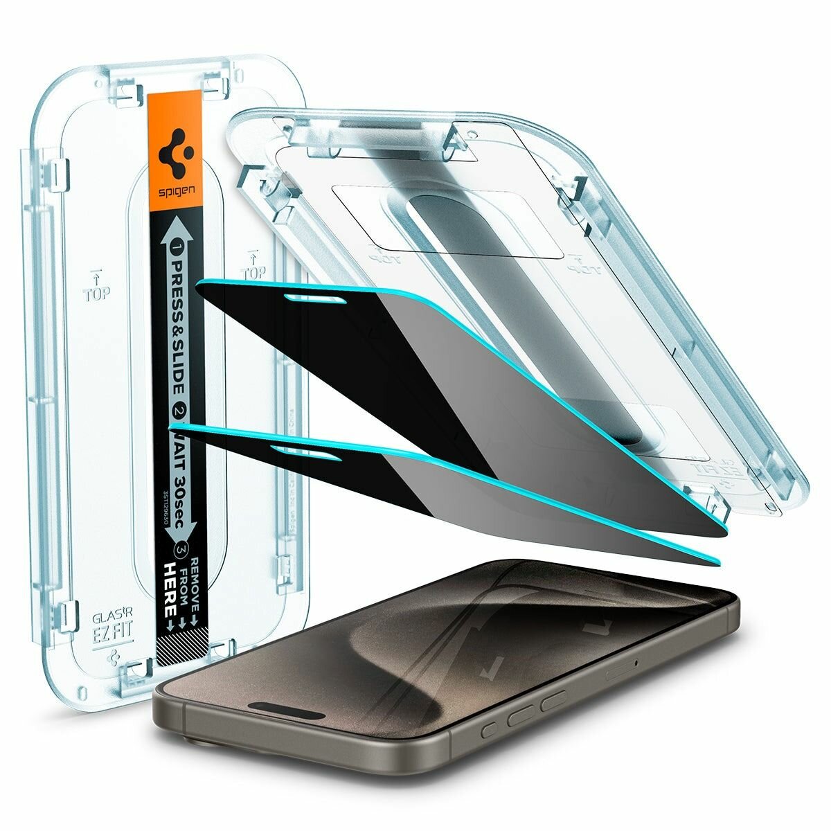 Защитное стекло Spigen на iPhone 15 Pro Max (AGL06874) Glass tR EZ Fit (Privacy) 2 шт / Спиген стекло для Айфон 15 Про Макс, прочное, олеофобное покрытие, антишпион