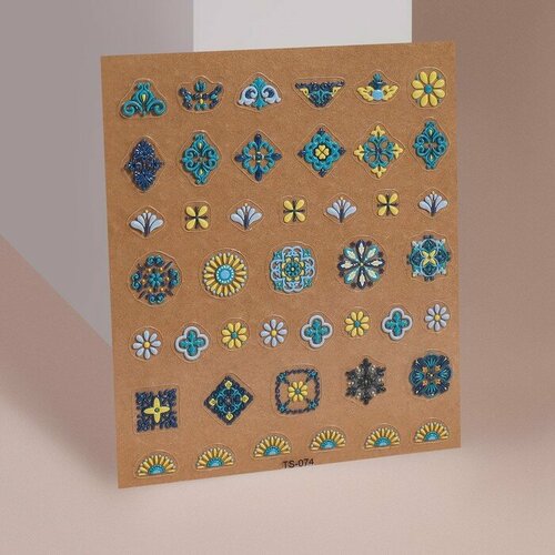 Наклейки для ногтей 9,5*8см объёмн TS-074 Узор голуб/жёлт подложка QF 9882762