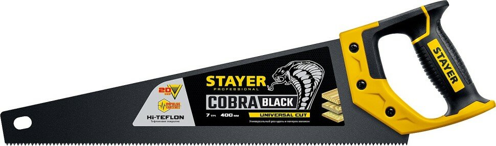 STAYER Ножовка универсальная (пила) "Cobra BLACK" 400 мм, 7TPI, тефлон покрытие, рез вдоль и поперек волокон, для средних заготовок, фанеры, ДСП, МДФ, STAYER ( 2-15081-40_z01 )