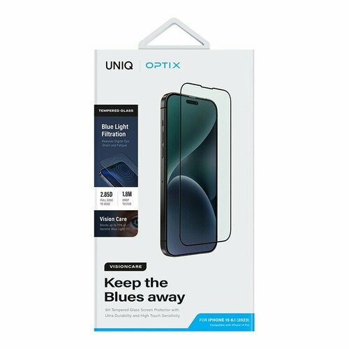 Uniq стекло для iPhone 15 Pro OPTIX Vision care (anti-blue) Clear/Black (+installer)