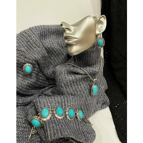 фото Комплект бижутерии: серьги, подвеска, браслет, малахит синтетический, белый/бирюзовый servig