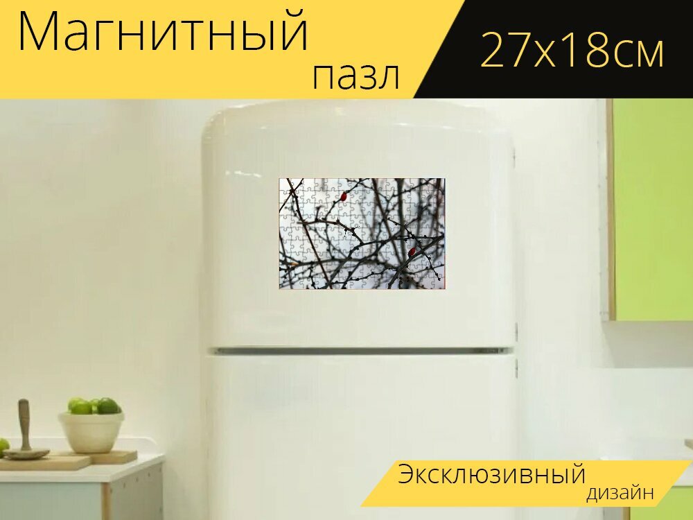 Магнитный пазл "Зима, колючки, снег" на холодильник 27 x 18 см.
