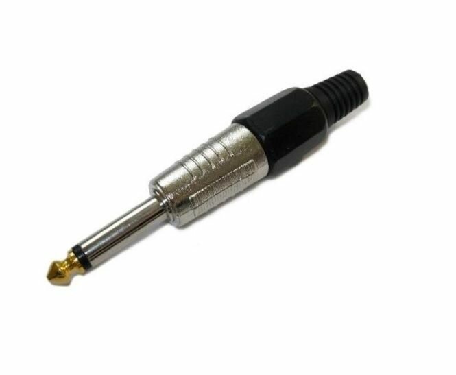 Штекер аудио Jack 6.3 мм, 1/4", "штекер", моно, металл. пластик черный, на кабель, пайка