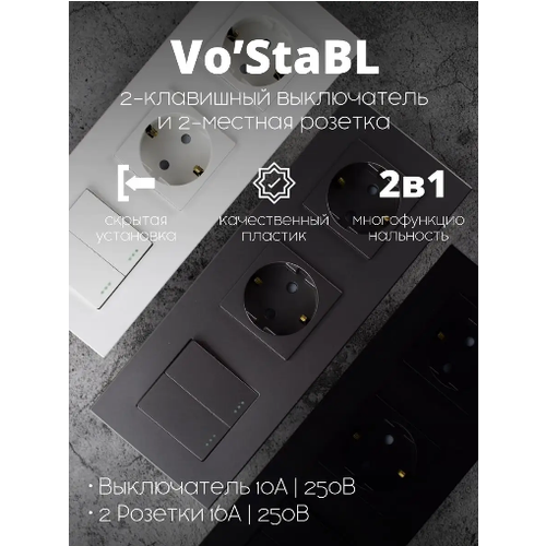 Двухклавишный выключатель с двумя розетками Vo’StaBL серый