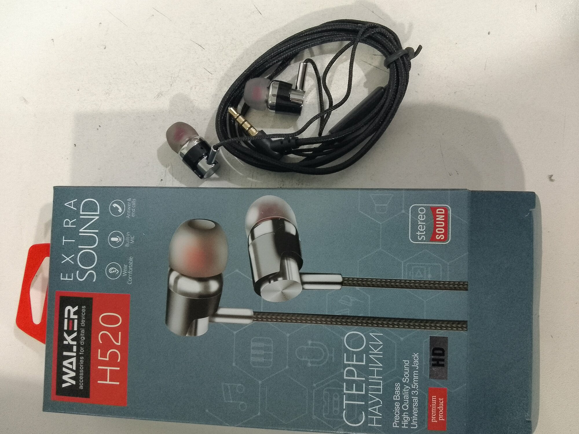 Наушники с микрофоном внутриканальные WALKER H520 с угловым штекером тканевые