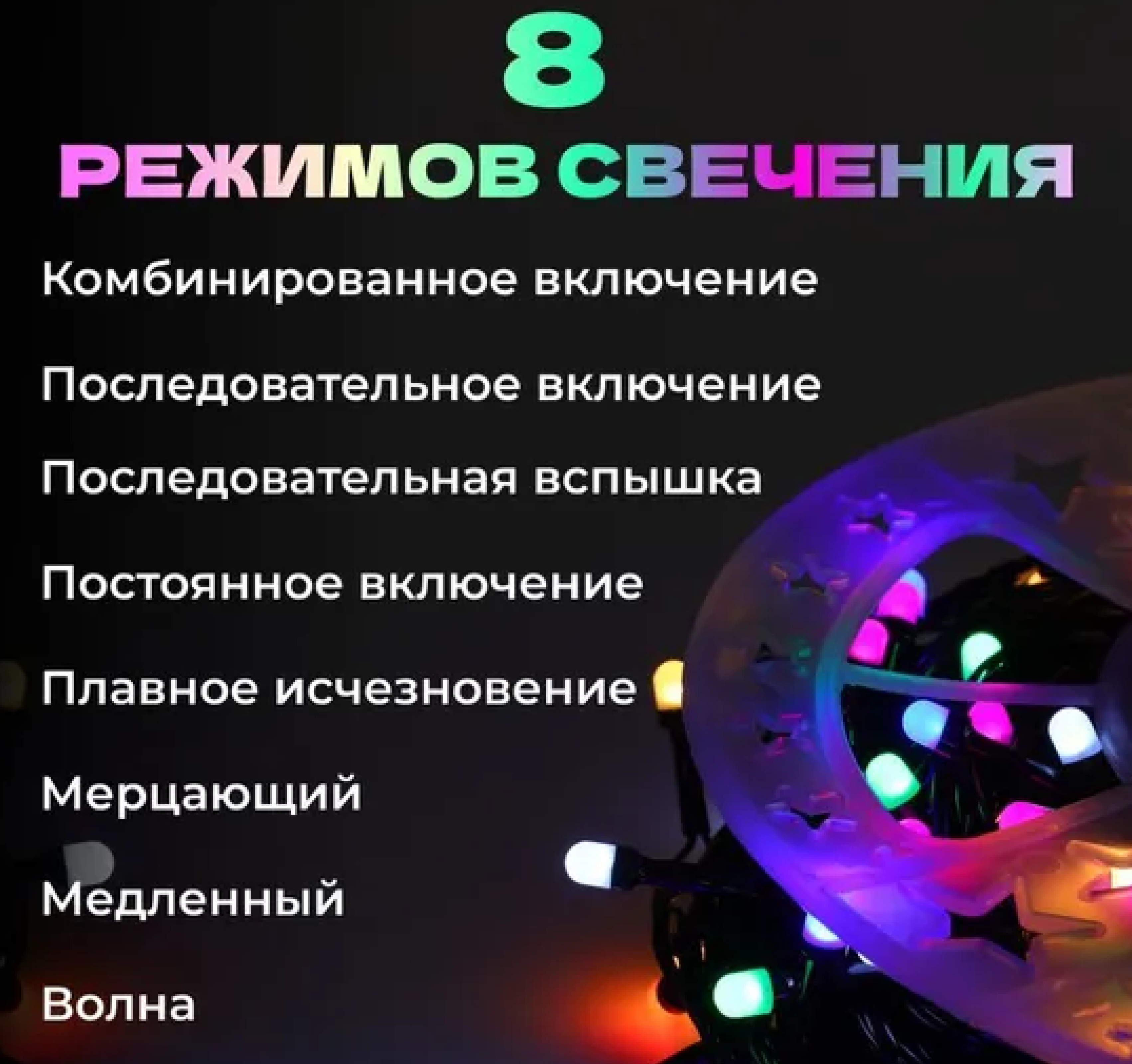 Праздничная гирлянда нить "Катушка" разноцветная, 50 м / Новогодняя уличная гирлянда / Электрогирлянда для елки, окон, фасада, дома — фото 1