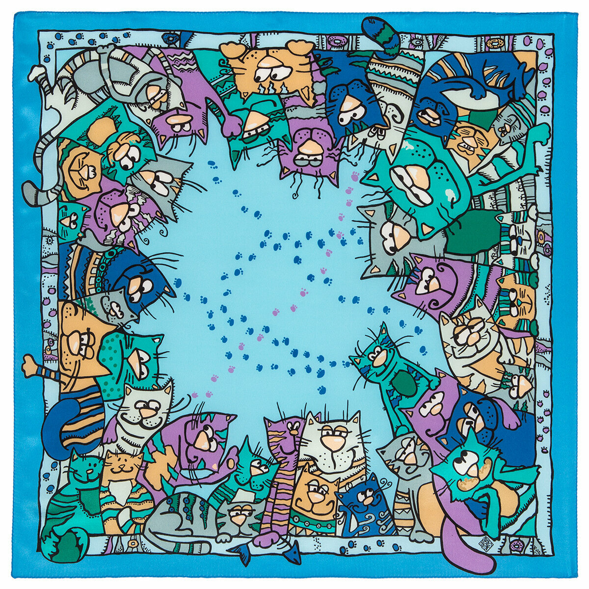 Платок шелковый Павловопосадские платки Мартовский 11, голубой, 65 х 65 см