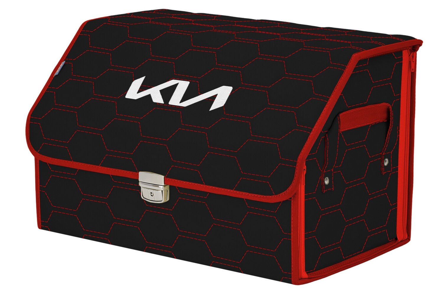 Органайзер-саквояж в багажник "Союз Премиум" (размер L). Цвет: черный с красной прострочкой Соты и вышивкой KIA (КИА).
